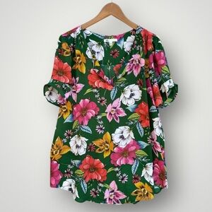 Floral Green V-Neck Women's Top